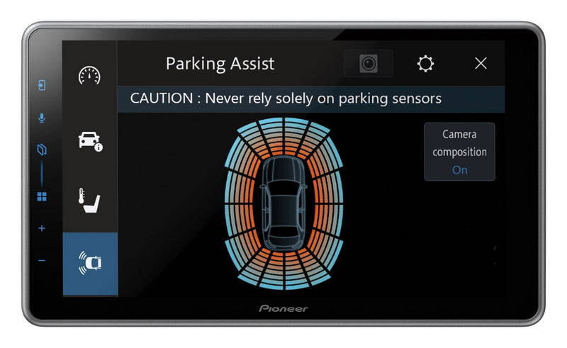 Pioneer car display with parking assist system on a white background