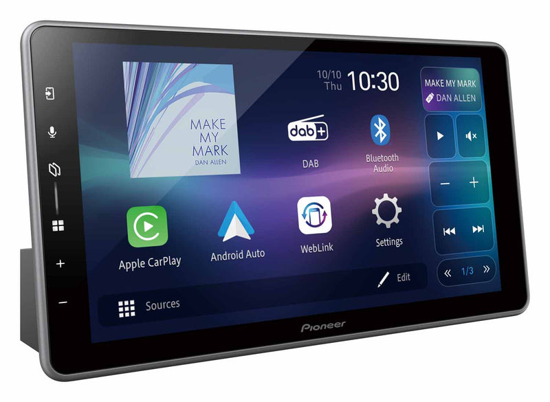 Pioneer car multimedia display with touchscreen interface on a white background
