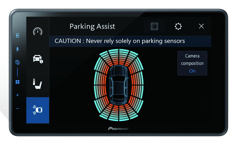 Car infotainment system screen displaying parking assist feature with Pioneer logo.