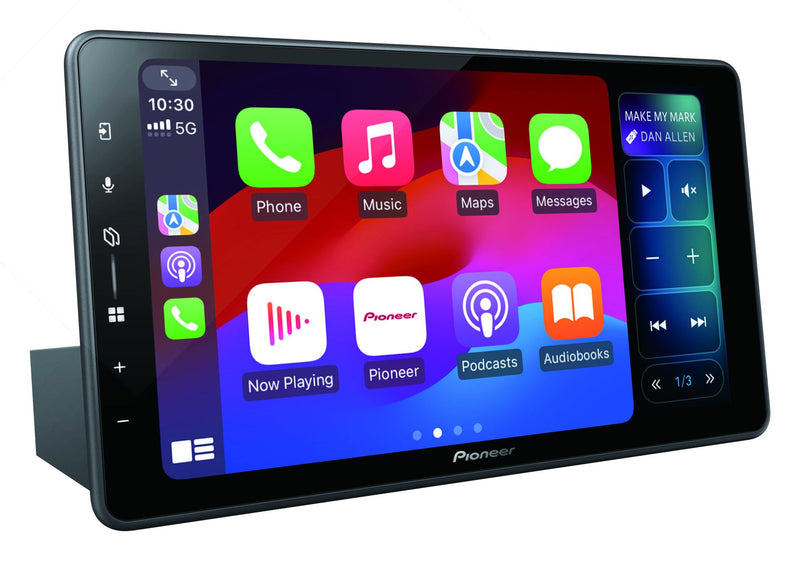 Pioneer car multimedia display with touchscreen interface on a white background