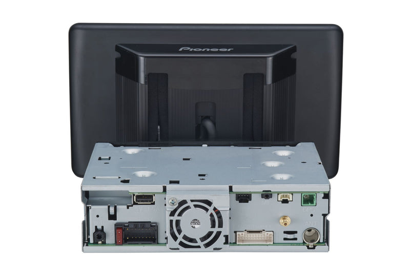 Pioneer car stereo system with open cover on a white background