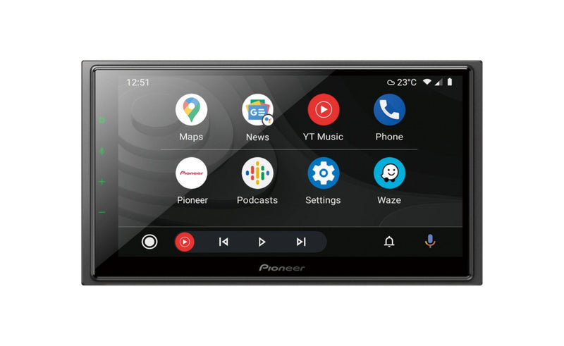 Pioneer car multimedia display with app icons on a white background