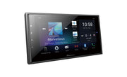 Pioneer car multimedia display with touchscreen interface on a white background
