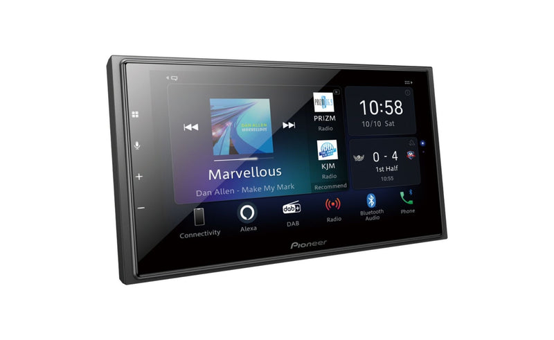Pioneer car multimedia display with touchscreen interface on a white background