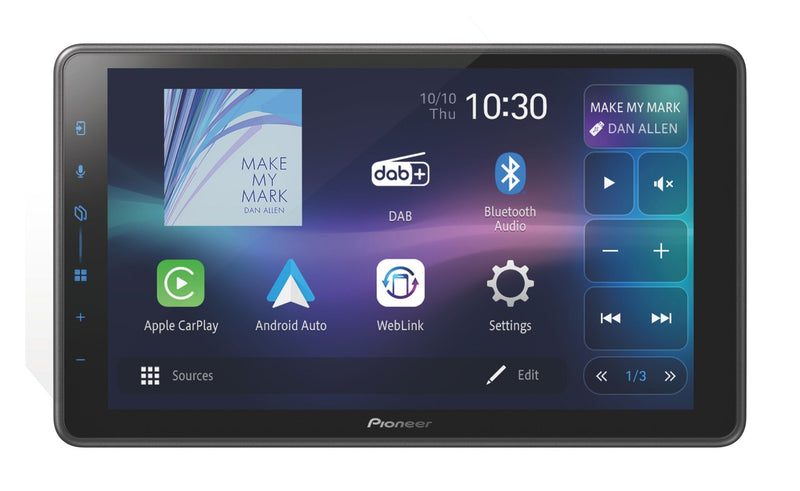 Pioneer car multimedia display with touchscreen interface on a white background