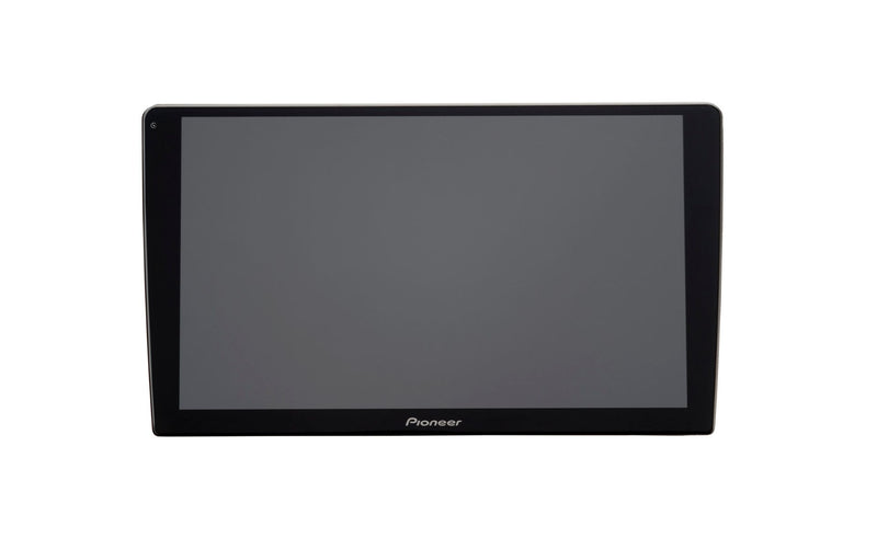 Pioneer car stereo touchscreen display with a black bezel and dark screen, shown against a plain white background.