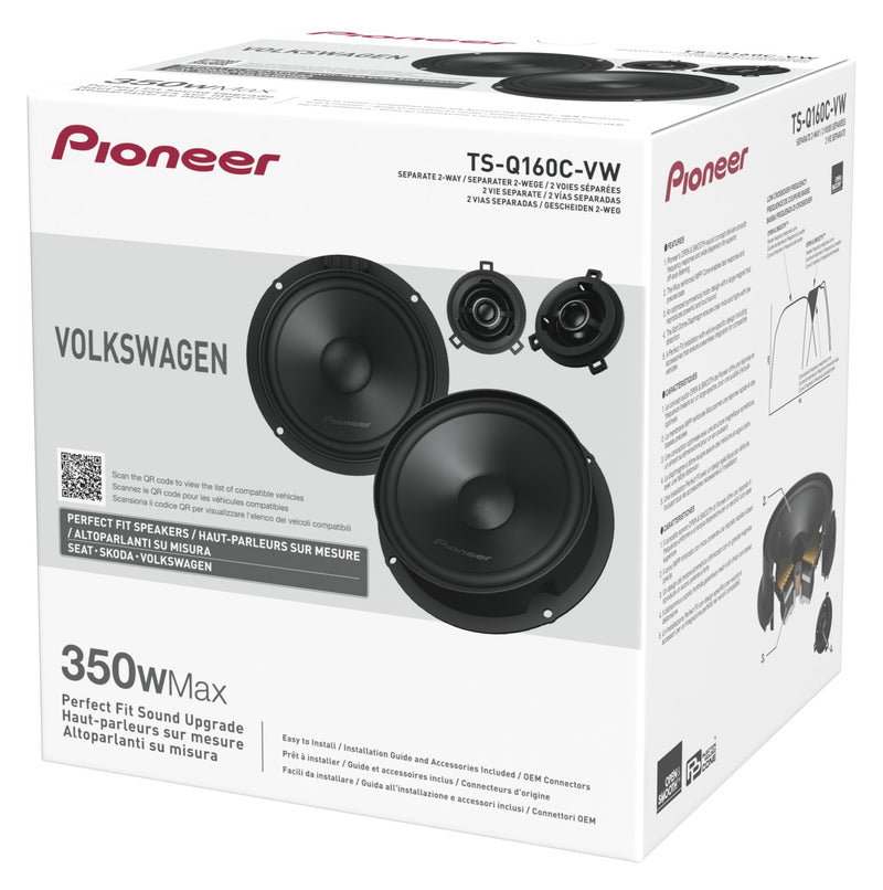 Pioneer car speaker packaging for Volkswagen vehicles on a white background