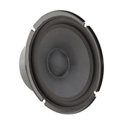 Speaker driver with a black frame and gray mesh on a white background