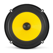 Speaker with yellow cone and black frame on a white background