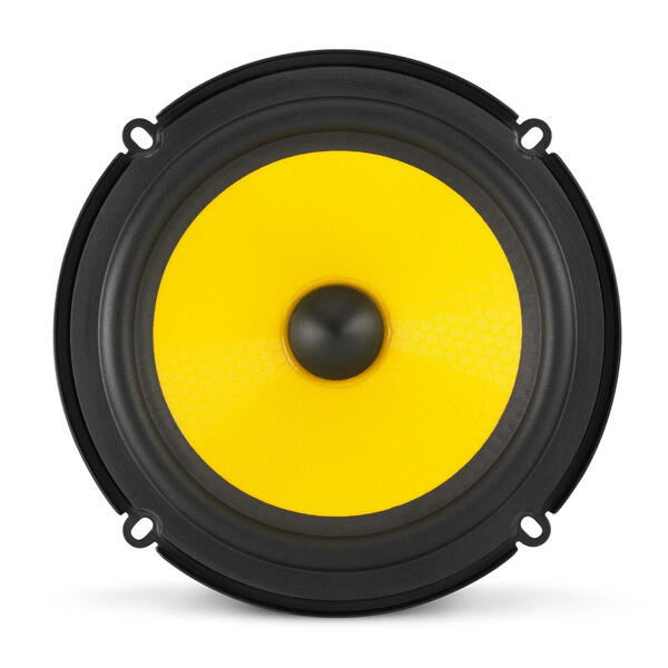 Speaker with yellow cone and black frame on a white background
