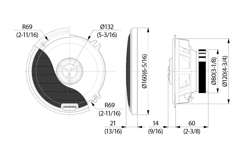 A pair of Kenwood KFC-X134 2-way car speakers, black in color with a polypropylene diaphragm and a soft dome tweeter.