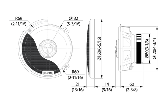 A pair of Kenwood KFC-X134 2-way car speakers, black in color with a polypropylene diaphragm and a soft dome tweeter.