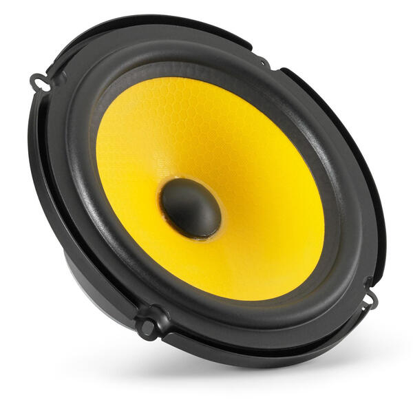 Speaker with yellow cone and black frame on a white background