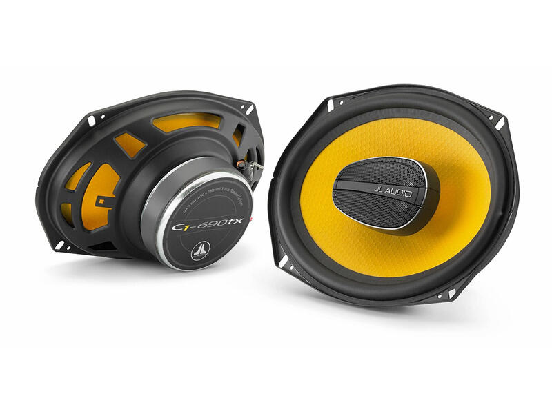 Two car speakers with yellow cones on a white background
