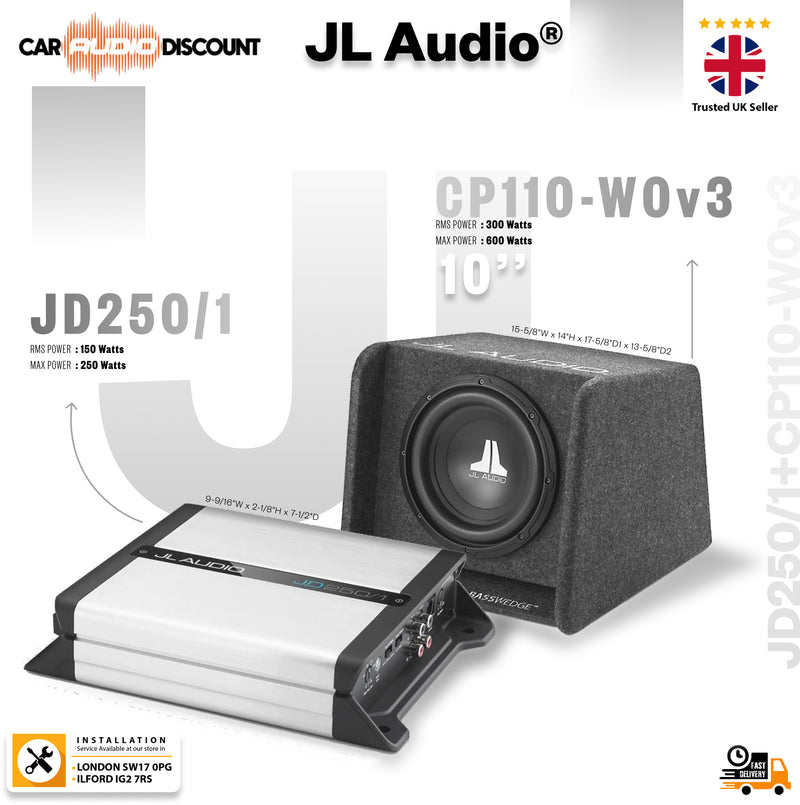 JL Audio CP110-WOv3 10-inch car subwoofer shown with its matching JL Audio JD250/1 power amplifier on a white background with product specifications and seller badges.