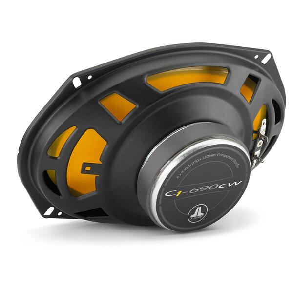 Car speaker with black and yellow design on a white background