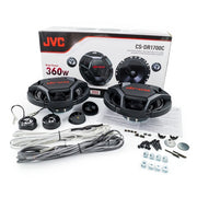 JVC car speaker system with packaging and accessories on a white background