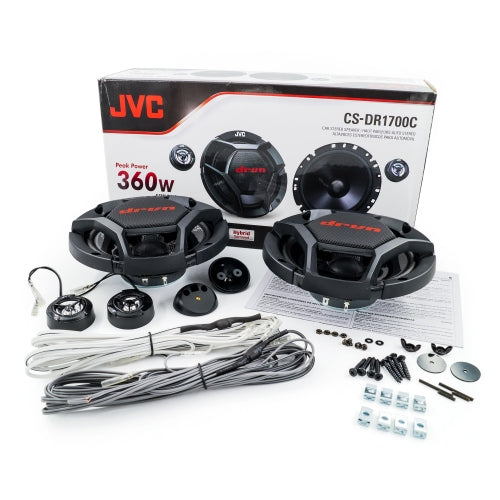 JVC car speaker system with packaging and accessories on a white background