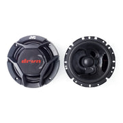 Two car speakers with JVC and drvn branding on a white background
