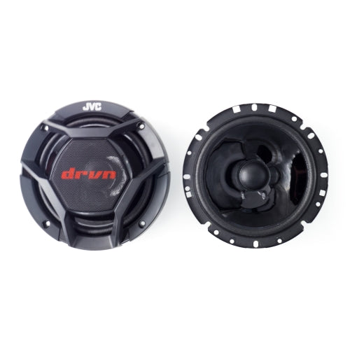 Two car speakers with JVC and drvn branding on a white background