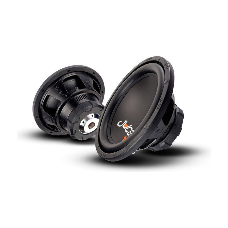 Two car subwoofers with a brand logo on a white background
