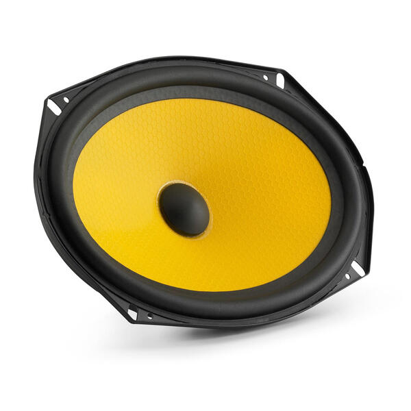 Speaker with yellow cone and black frame on a white background