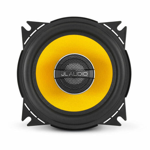 JL Audio speaker with yellow center and black surround on a white background