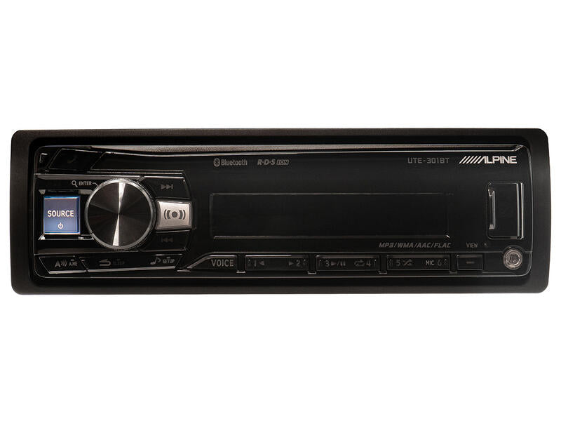 Alpine UTE-3018T Bluetooth car stereo headunit in black with a silver control knob and a blue source indicator light, shown against a plain white background.