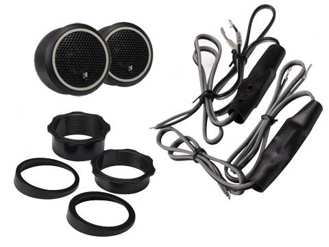 Set of black automotive fog lights with wiring on a white background