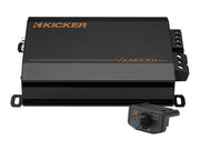 Kicker audio amplifier with remote control on a white background