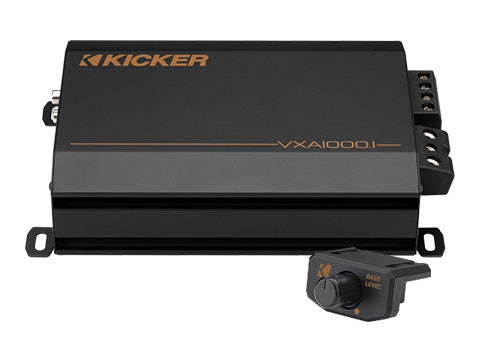 Kicker audio amplifier with remote control on a white background