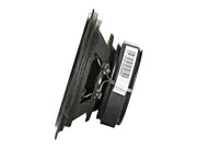 Black metal component with a barcode label on a white background