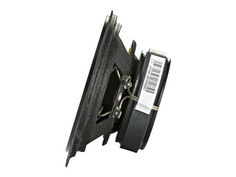 Black metal component with a barcode label on a white background