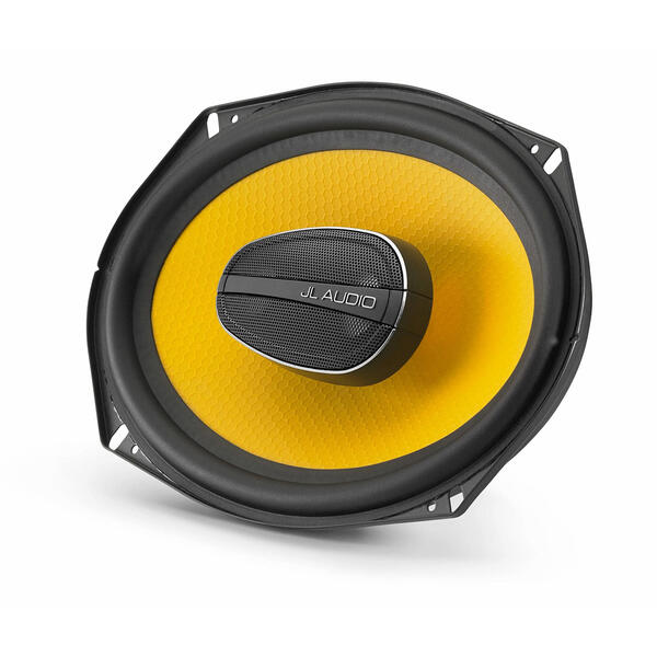 JL Audio car speaker with yellow cone on a white background