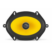 Car speaker with yellow cone and black frame on a white background