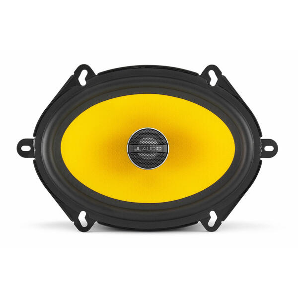 Car speaker with yellow cone and black frame on a white background
