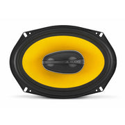 JL Audio car speaker with yellow cone on a white background