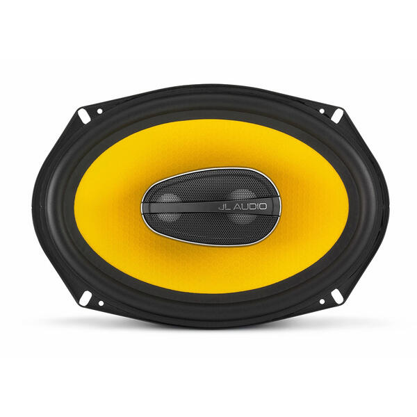 JL Audio car speaker with yellow cone on a white background