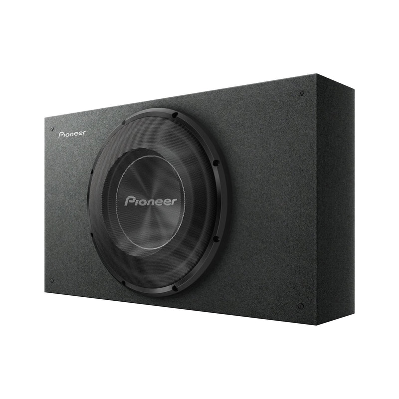 Pioneer TS-A3000LB 12-inch A-Series preloaded shallow subwoofer enclosure with 400W RMS power handling, mesh grille and compact design.