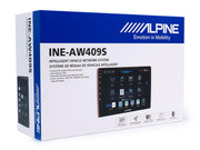 Alpine INE-AW409S Intelligent Vehicle Network System retail packaging box, featuring a white and blue design with product specifications and a screen mockup.