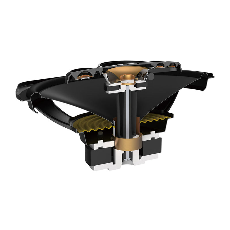 Complex mechanical component with black, gold, and silver colors on a white background