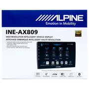 Alpine INE-AX809 high resolution in-dash car display system retail packaging box, featuring a blue and white design with a central display screen graphic and feature icons.