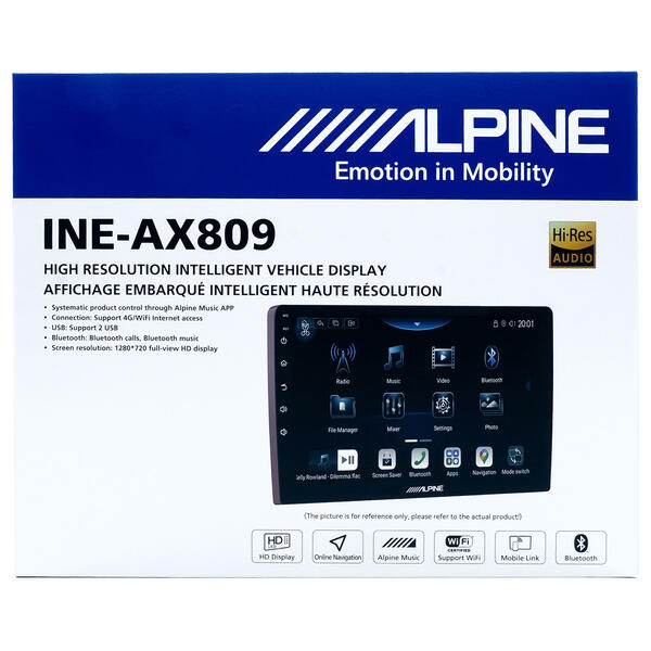 Alpine INE-AX809 high resolution in-dash car display system retail packaging box, featuring a blue and white design with a central display screen graphic and feature icons.