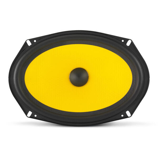 Speaker with yellow cone and black frame on a white background