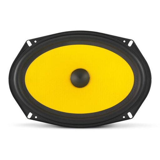 Speaker with yellow cone and black frame on a white background