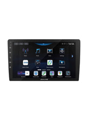 A black car stereo head unit with a touchscreen display showing an Android interface, photographed against a solid white background.