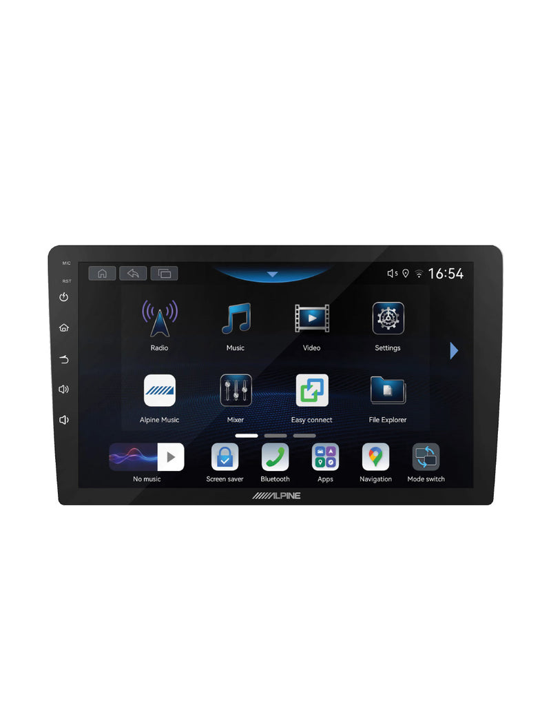 A black car stereo head unit with a touchscreen display showing an Android interface, photographed against a solid white background.