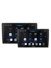 Two black JBL PRO car stereo head units with touchscreen displays showing various media and navigation apps, set against a plain white background.