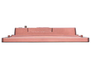 A rectangular metallic copper or rose gold electronic component or chassis part, shown from a side profile view against a plain white background.