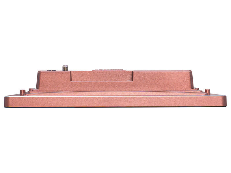 A rectangular metallic copper or rose gold electronic component or chassis part, shown from a side profile view against a plain white background.
